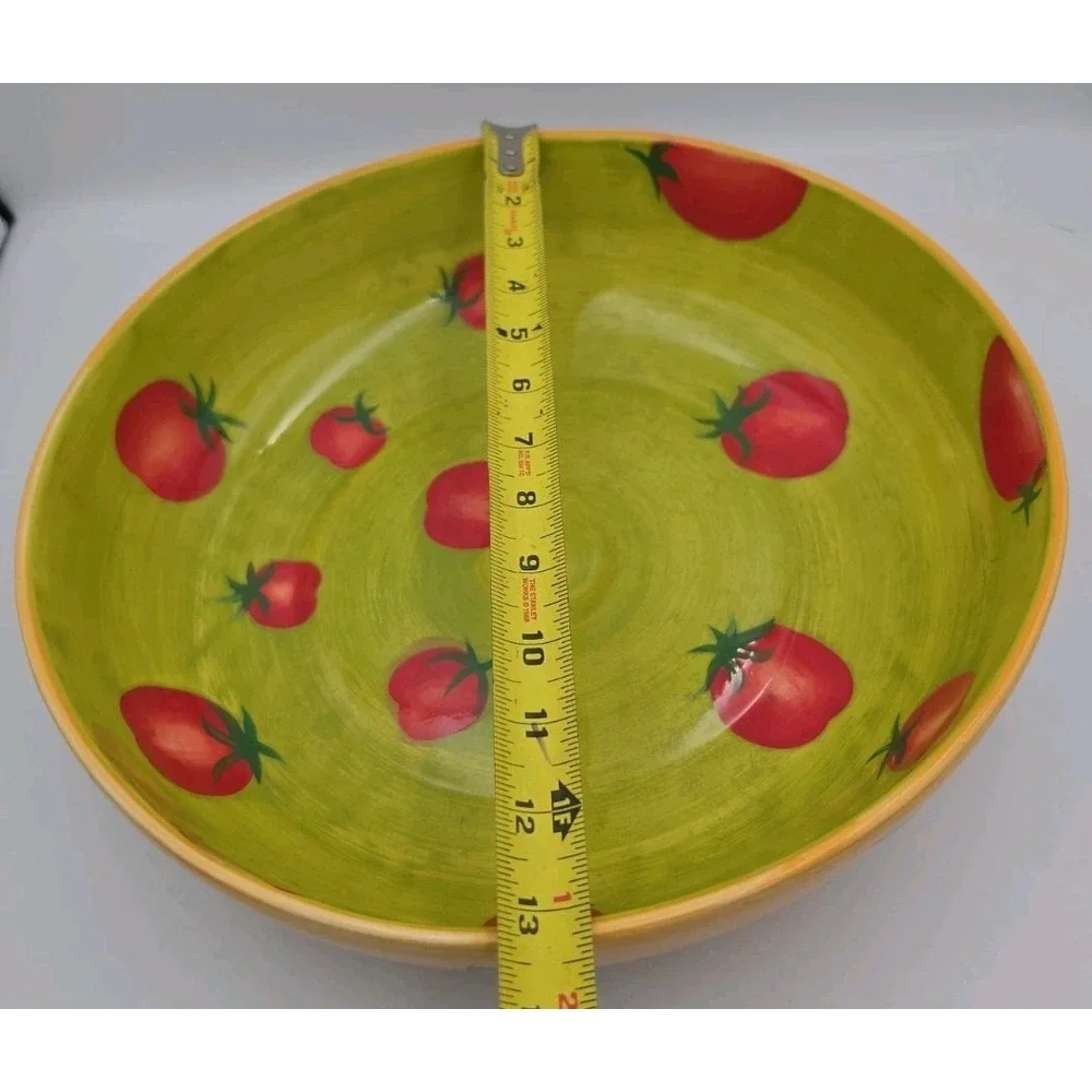 Foreside Large Ceramic Serving Bowl Green Red Tomato Hand Painted Pottery 12.5in